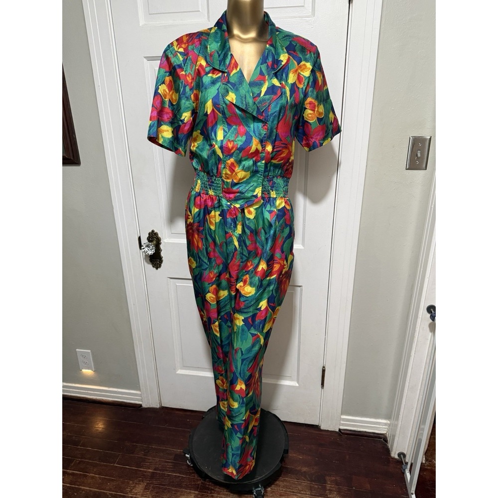 Vintage Floral Jumpsuit One Piece Outfit Green Yellow Size 10